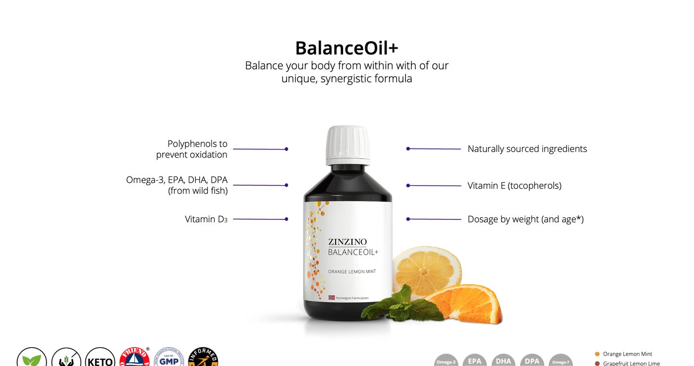 Botol BalanceOil+ dengan komponennya dilabel